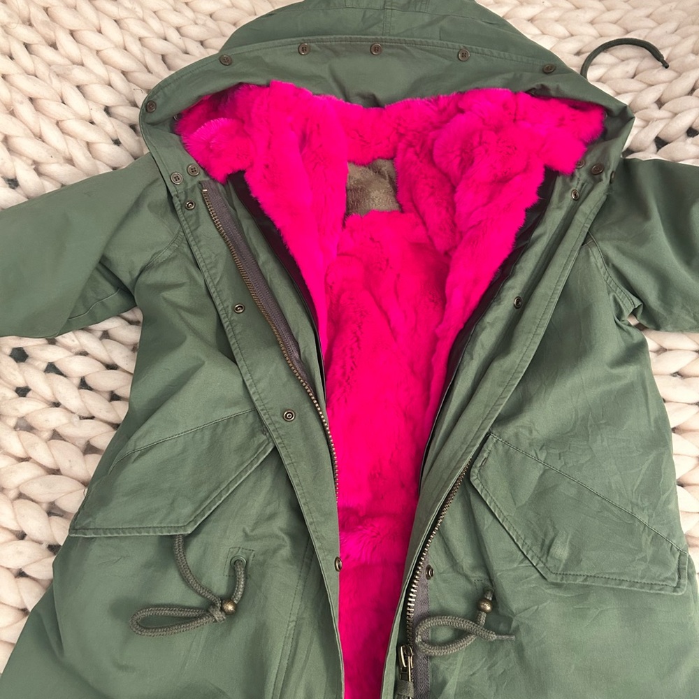 Mr & Mrs Italy Olive Green Parka with Hot Pink Faux Fur Lining